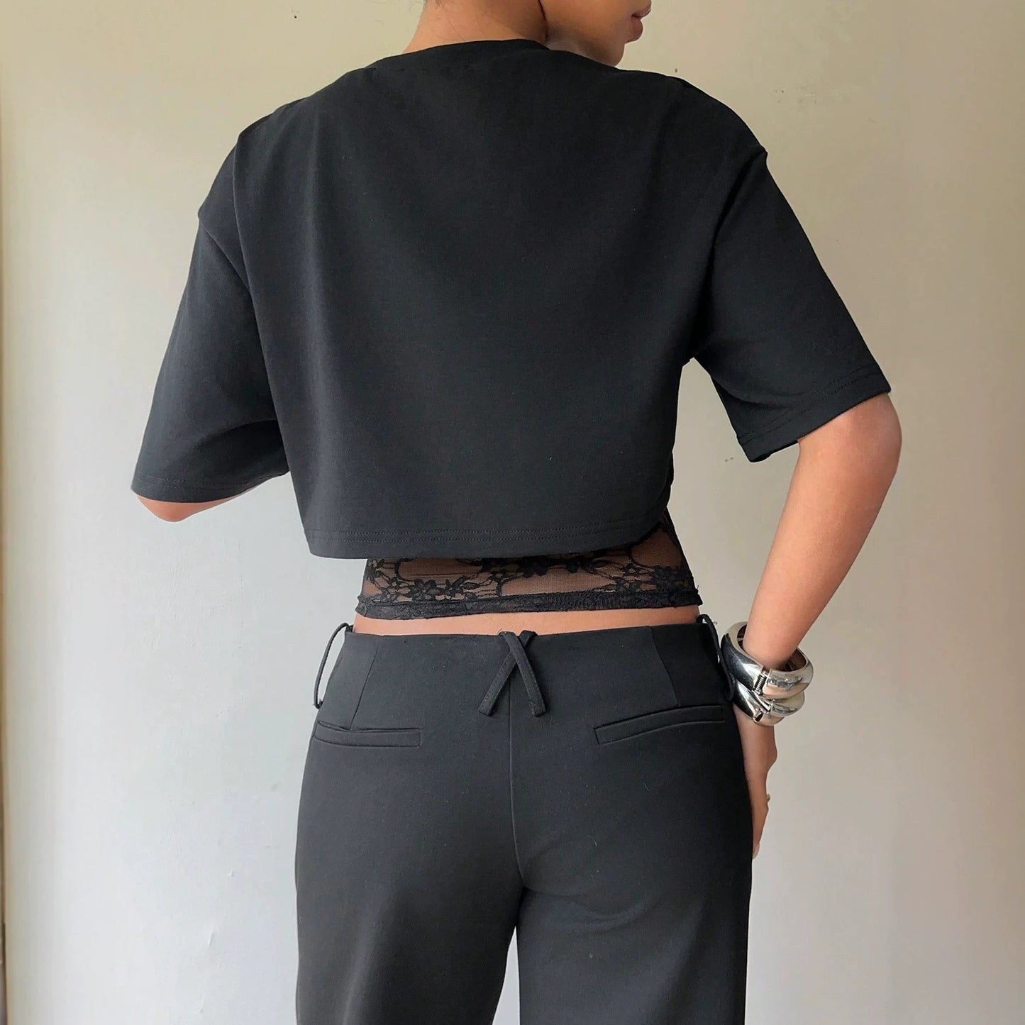 Two-Piece Lace Panel Slim Fit Sheer Short Sleeve Top