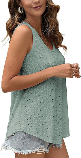 Eyelet Knit Tank Top Sleeveless Loose Fit Summer Top