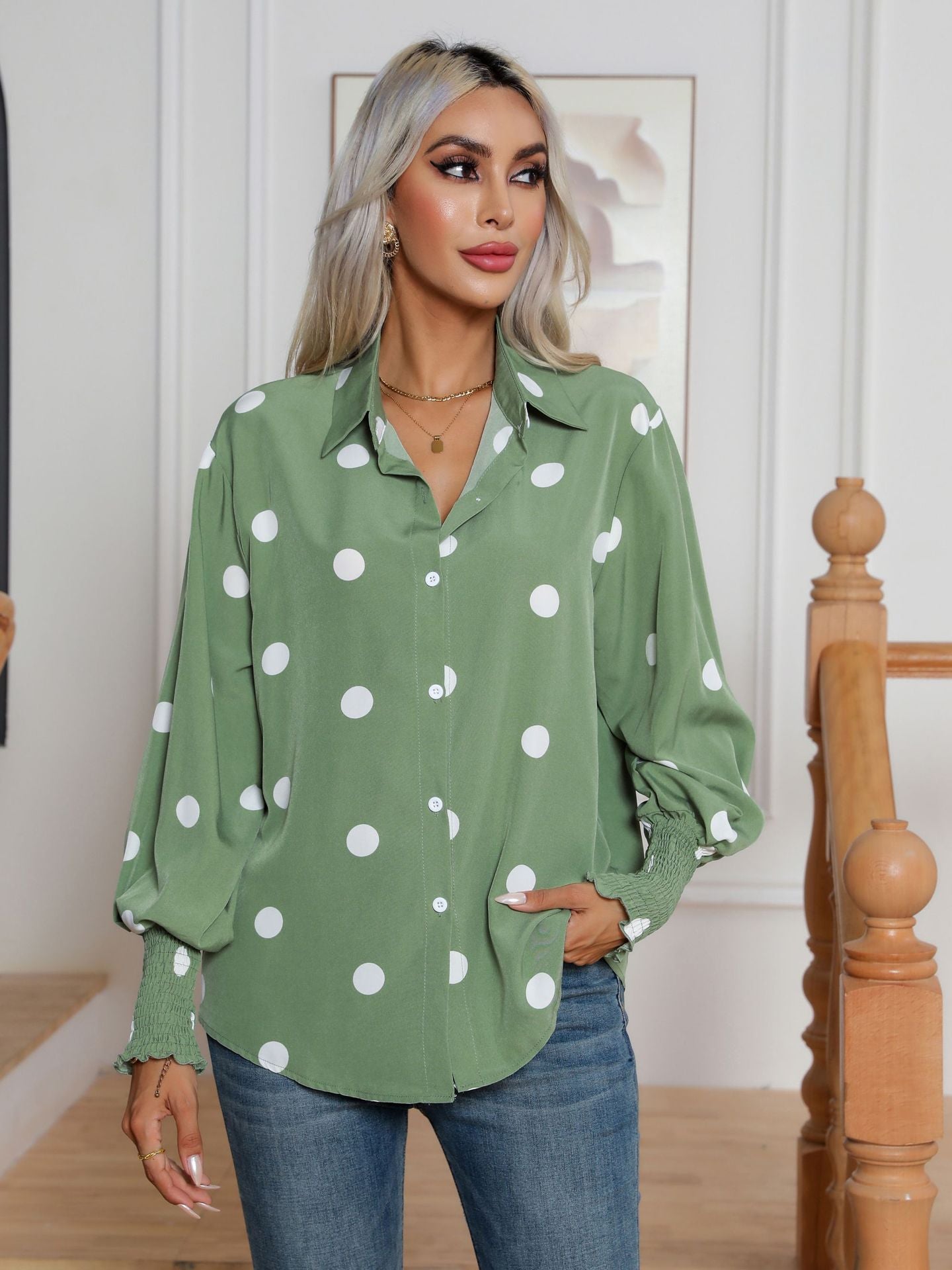 Sage Green Polka Dot Balloon Sleeve Button Down Blouse