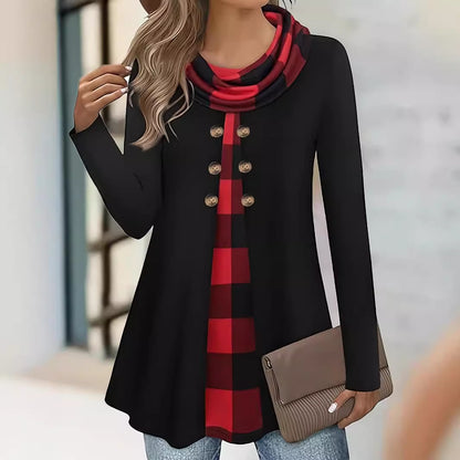 Women's Plaid Cowl Neck Tunic Sweatshirt Buttons