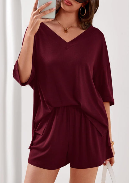 Ribbed V Neck Lounge Set Oversized Top Shorts Set