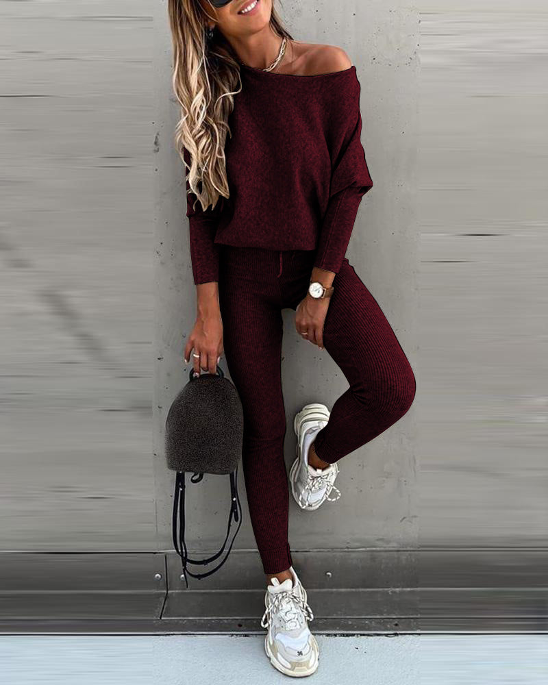 Women's Off Shoulder Ribbed Two Piece Lounge Set