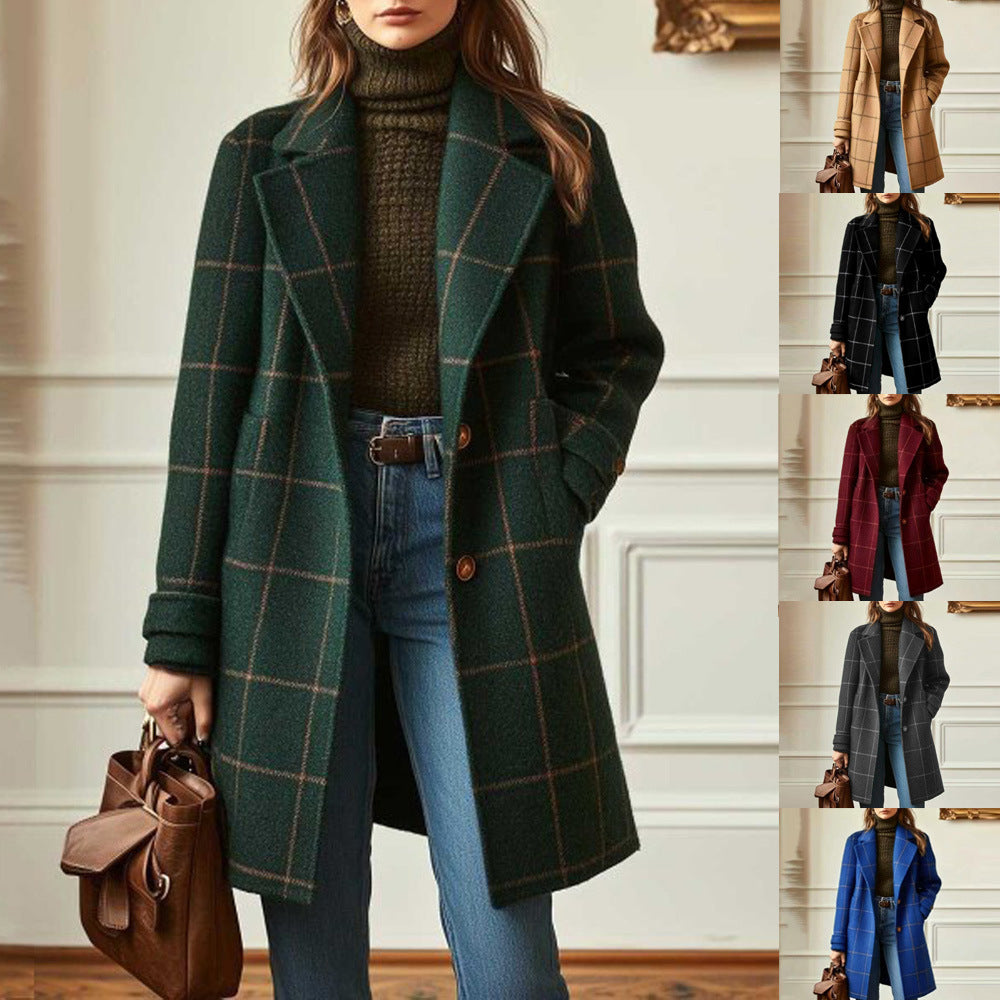 Women's Vintage Plaid Lapel Coat Winter Mid-Length
