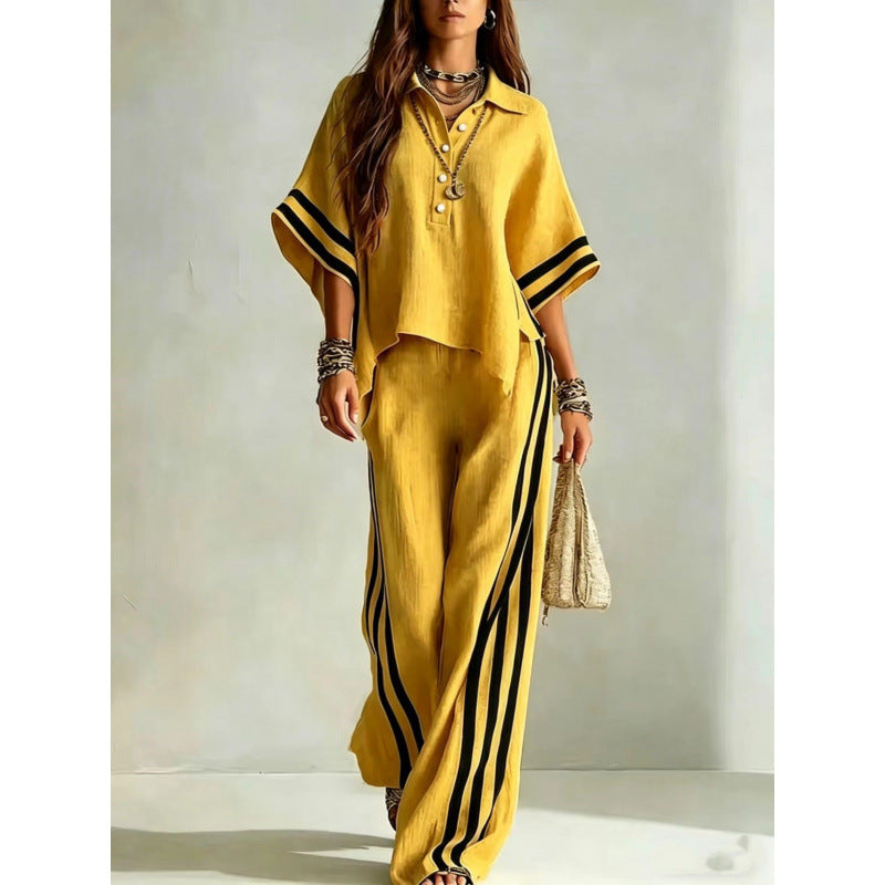 Women's Striped Oversized Shirt Wide Leg Pants 2 Piece Set