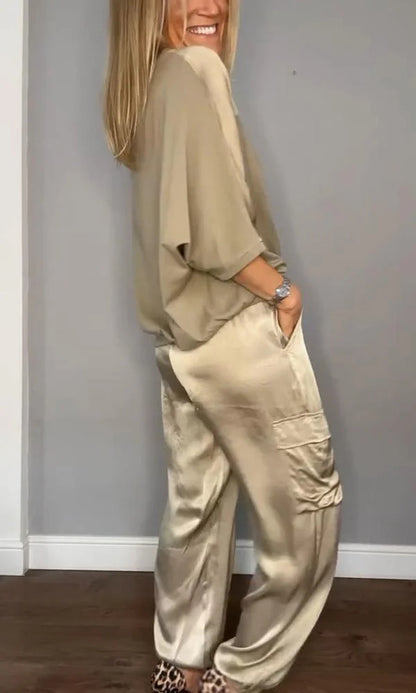 Women's Satin Cargo Joggers Half Sleeve Two Piece Set
