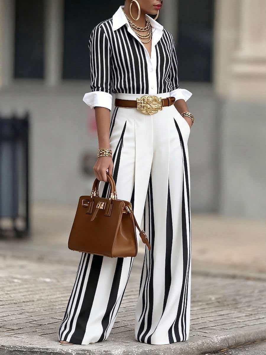 Women's Striped Contrast Collar Long Sleeve Work Blouse