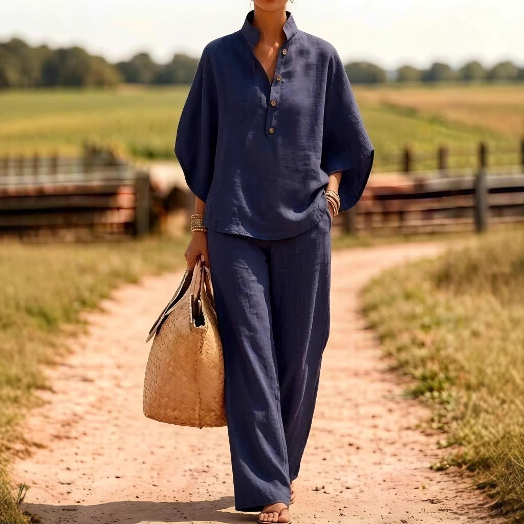 Women Linen Matching Set Button Shirt Wide Leg Pants