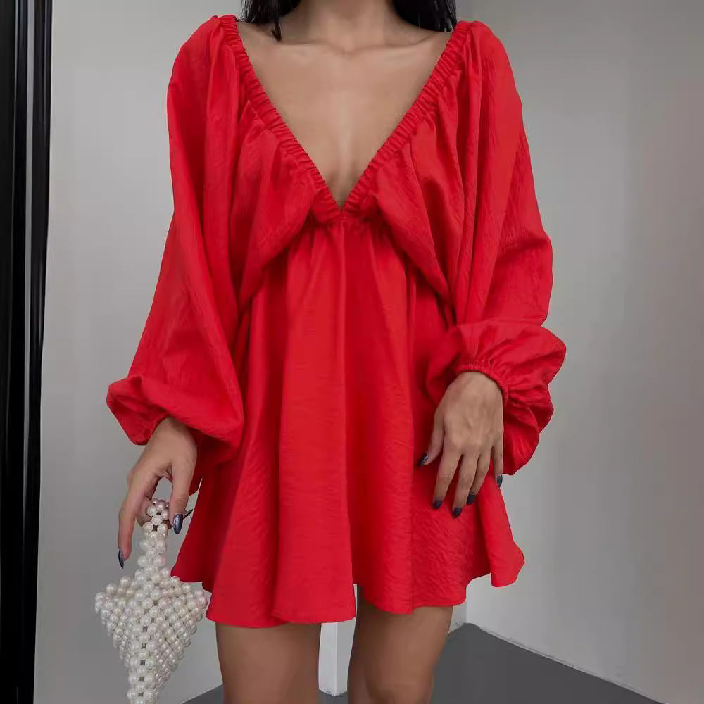 Women's V Neck Puff Sleeve Ruched Mini Flare Dress