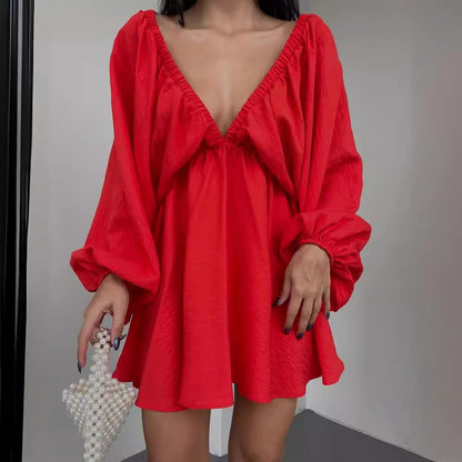 Women's V Neck Puff Sleeve Ruched Mini Flare Dress