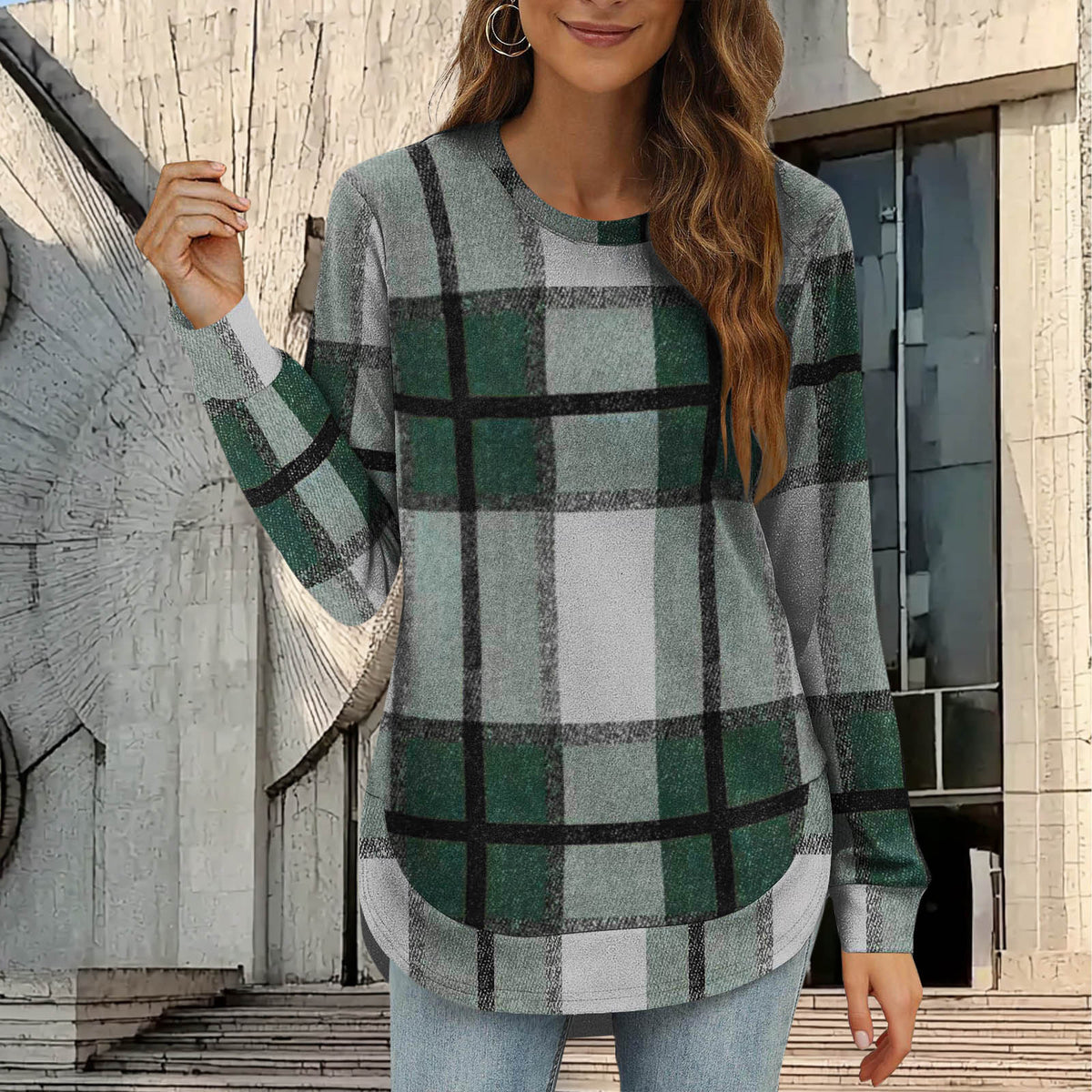 Women's Plaid Oversized Long Sleeve Crew Neck Tunic Top