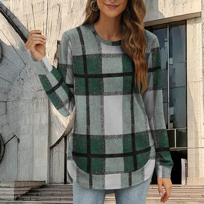 Women's Plaid Oversized Long Sleeve Crew Neck Tunic Top