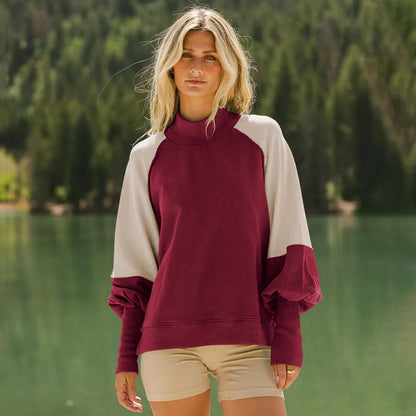 Women's Color Block Mock Neck Balloon Sleeve Sweatshirt