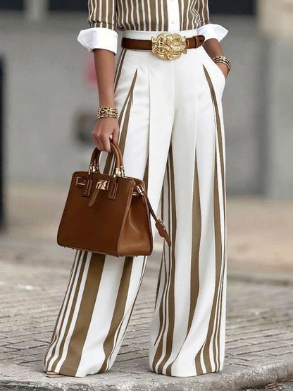 Striped Color Block Wide Leg Pants for Women