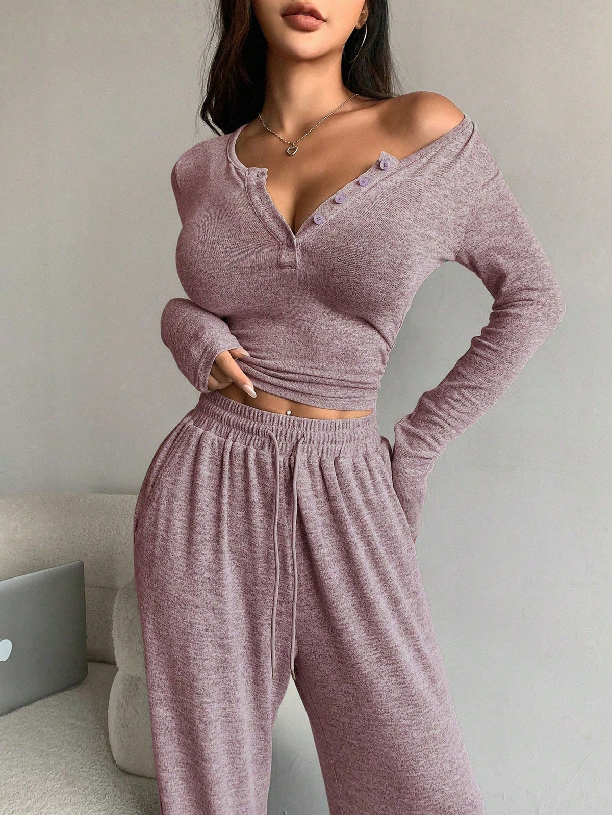 Women's Off Shoulder Button Front Knit Two Piece Pants Set