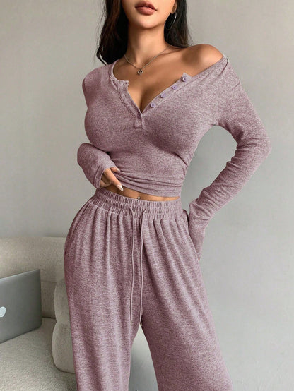 Women's Off Shoulder Button Front Knit Two Piece Pants Set