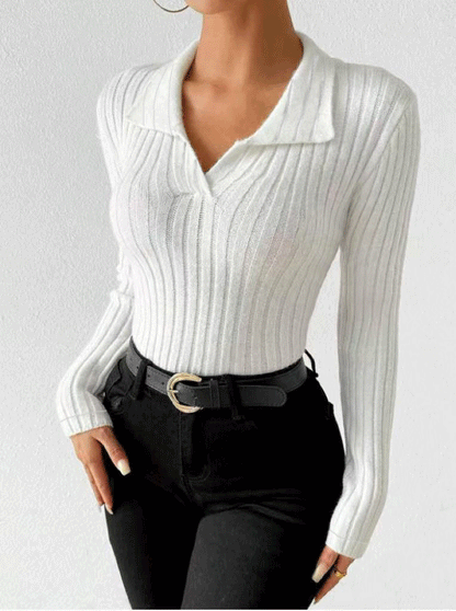 Women's Ribbed Knit Collared V Neck Long Sleeve Top
