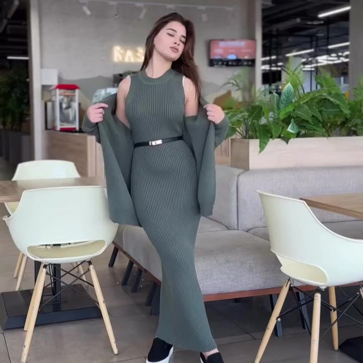Women's Ribbed Knit Maxi Dress & Cardigan Belted Set