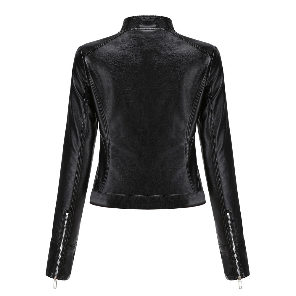 Women's Cropped Faux Leather Moto Jacket Stand Collar