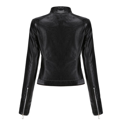 Women's Cropped Faux Leather Moto Jacket Stand Collar