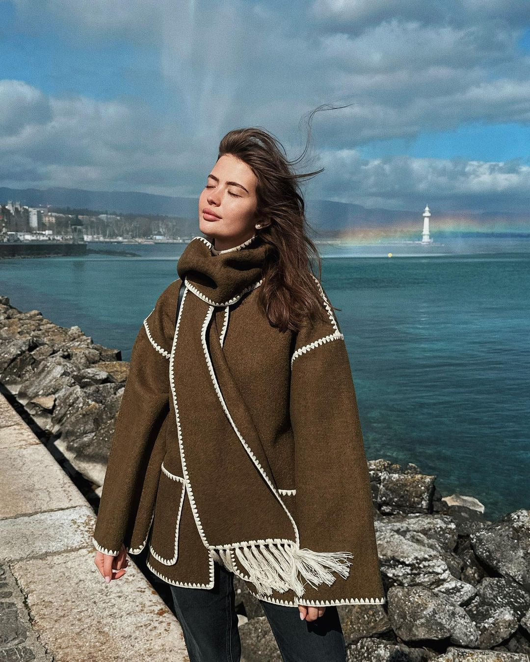 Women's Oversized Faux Wool Scarf Coat With Fringe