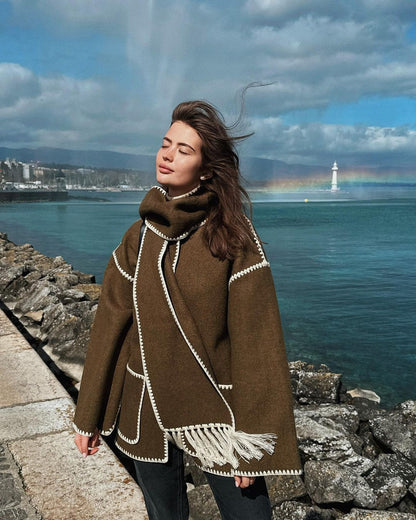 Women's Oversized Faux Wool Scarf Coat With Fringe