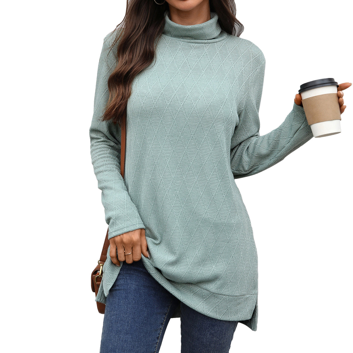 Women's Oversized Turtleneck Long Sleeve Tunic Side Slit