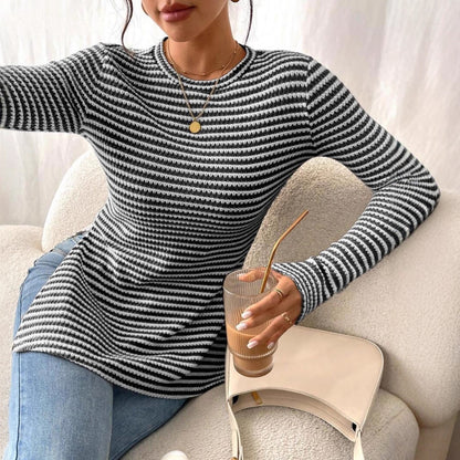Striped Ribbed Knit Long Sleeve Side Slit Casual Top