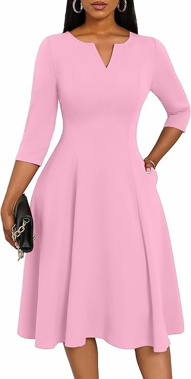 Women's 3/4 Sleeve V-Neck A-Line Midi Dress Wedding Guest