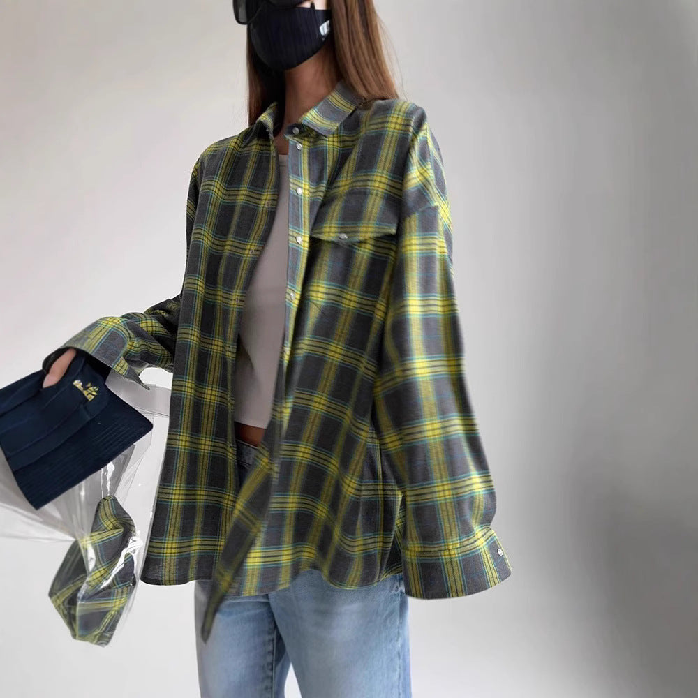 Women's Oversized Plaid Button Up Shirt Long Sleeve Pocket
