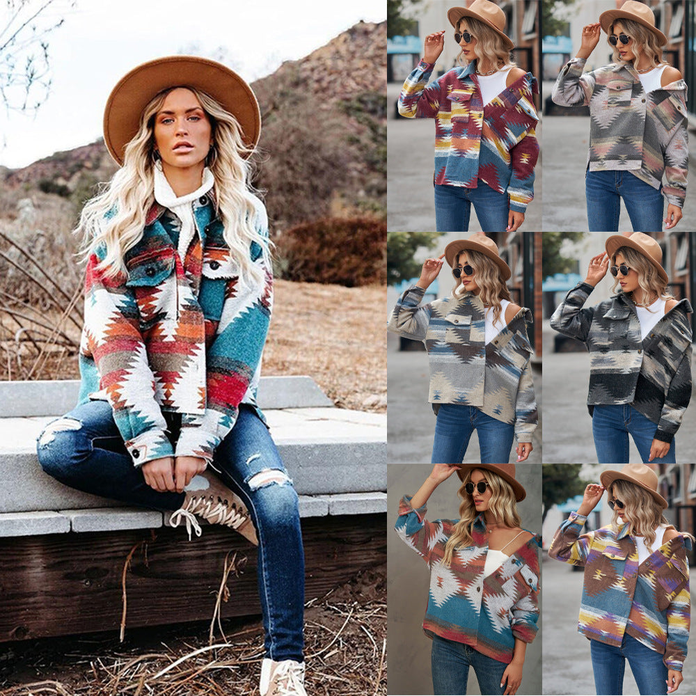 Women's Aztec Shacket Oversized Button Front Jacket