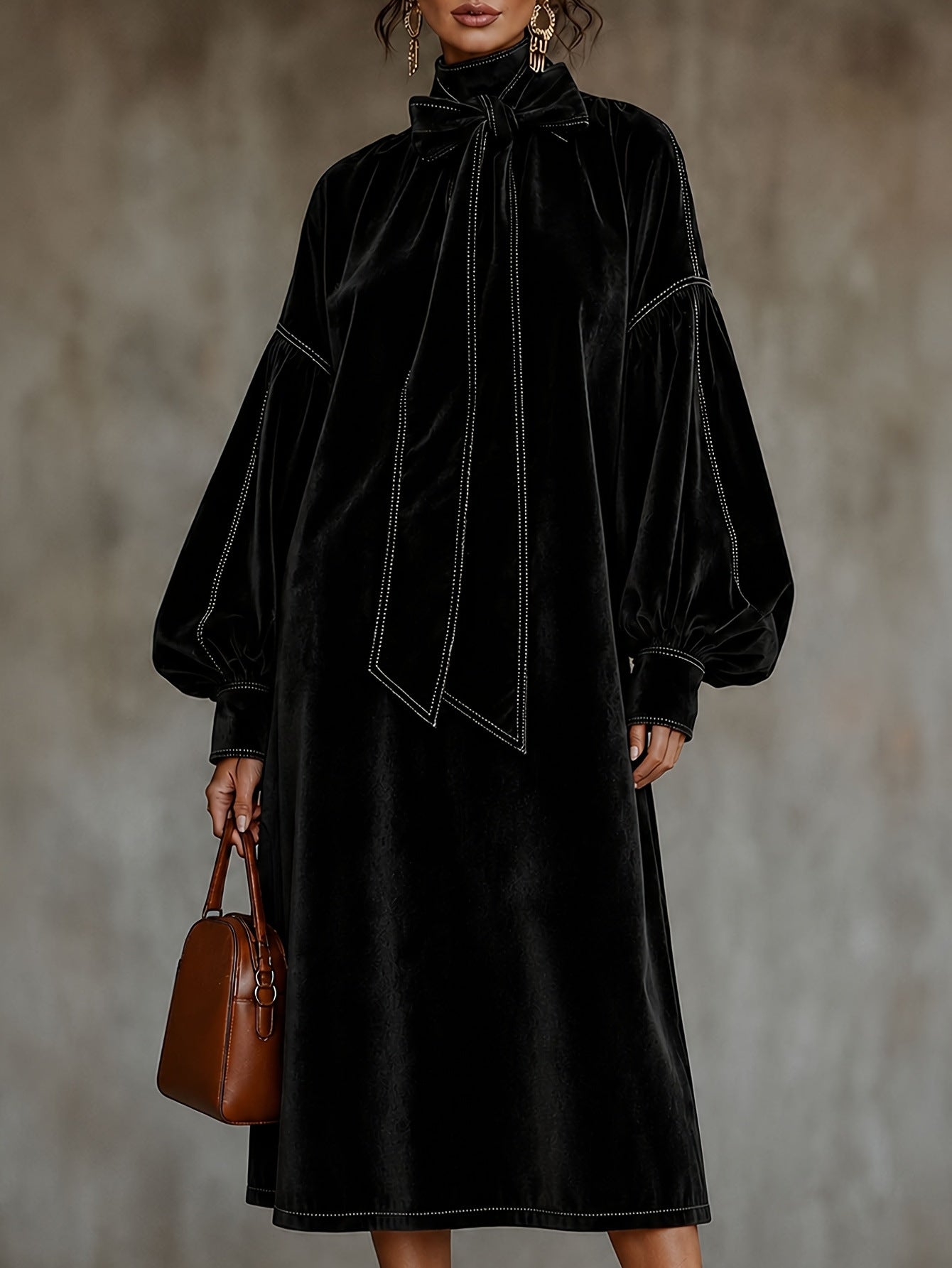 Elegant Velvet Tie Neck Midi Dress Long Puff Sleeve