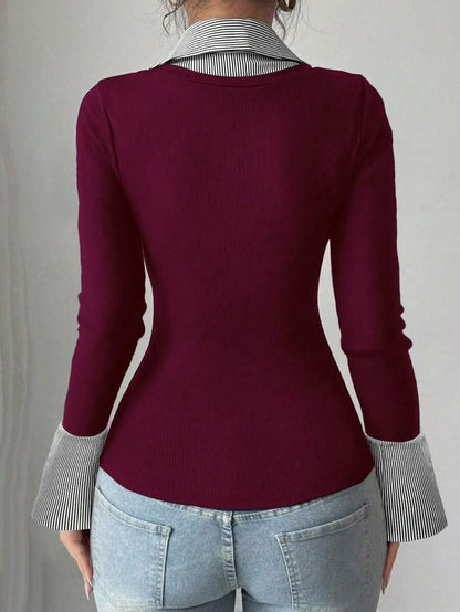 Faux Layered Collared Knit Top V Neck Long Sleeve Tee