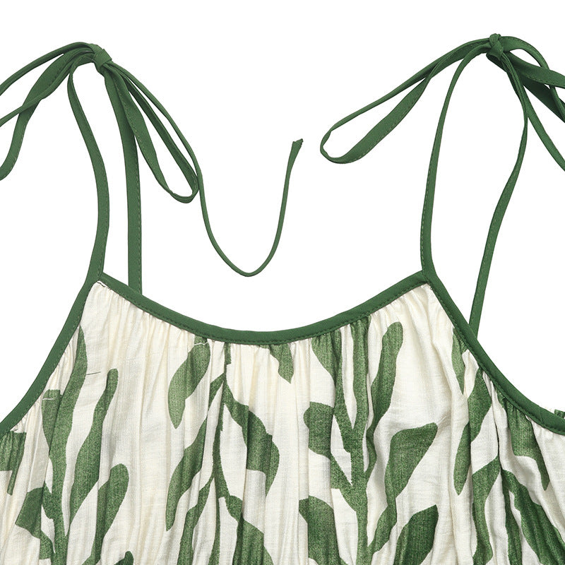 Summer Halter Dress Green Leaf Print Waist-Cinch Vacation Dress