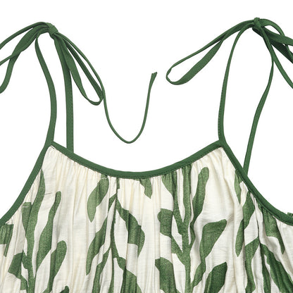 Summer Halter Dress Green Leaf Print Waist-Cinch Vacation Dress