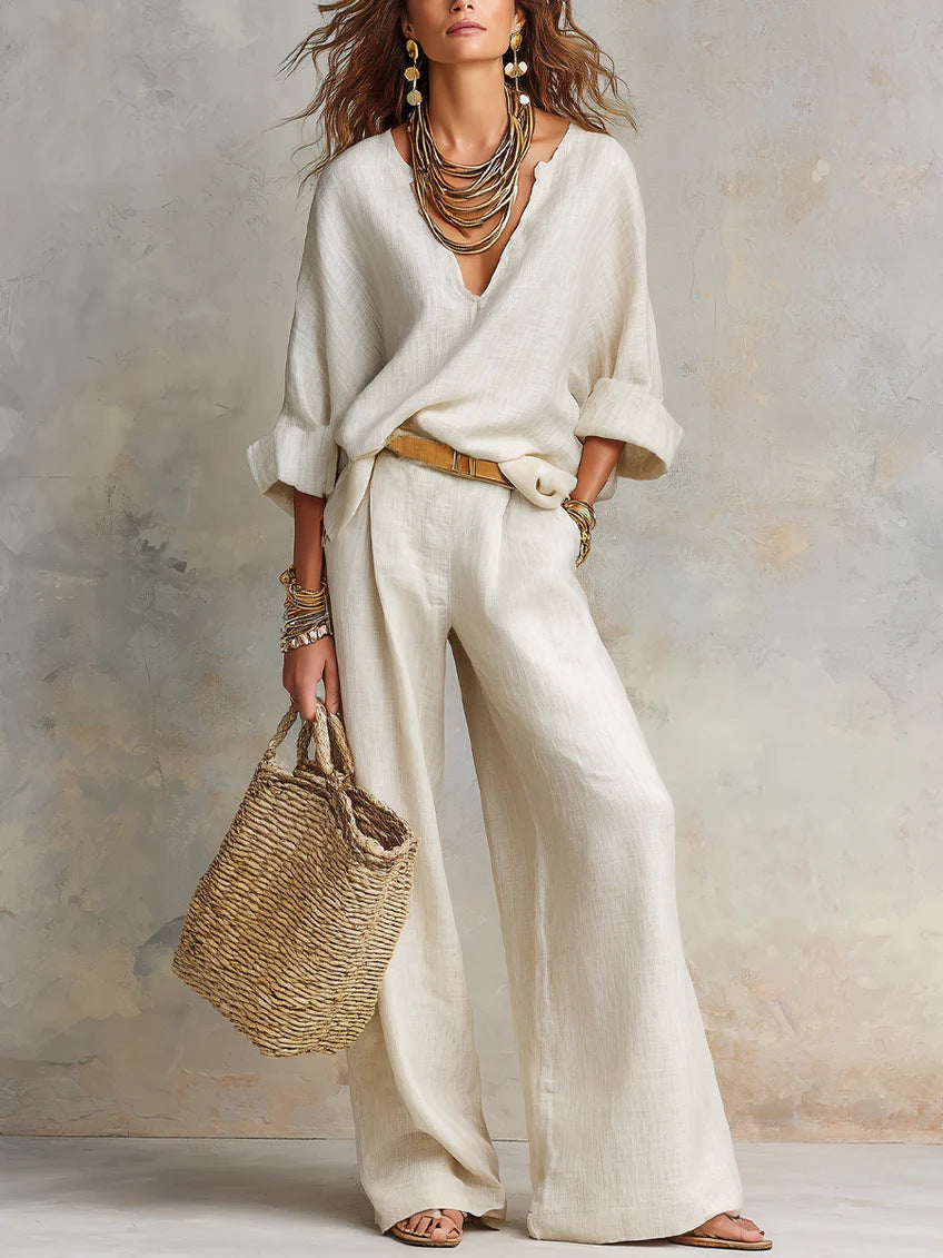 Women's Linen V-Neck Wide Leg Pants Two Piece Set