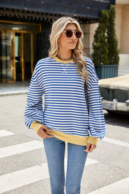 Striped Color Block Crew Neck Oversized Sweatshirt