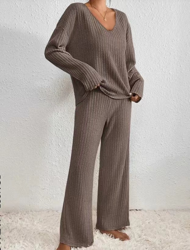 Ribbed Knit V-Neck Top Wide Leg Pants Two Piece Set