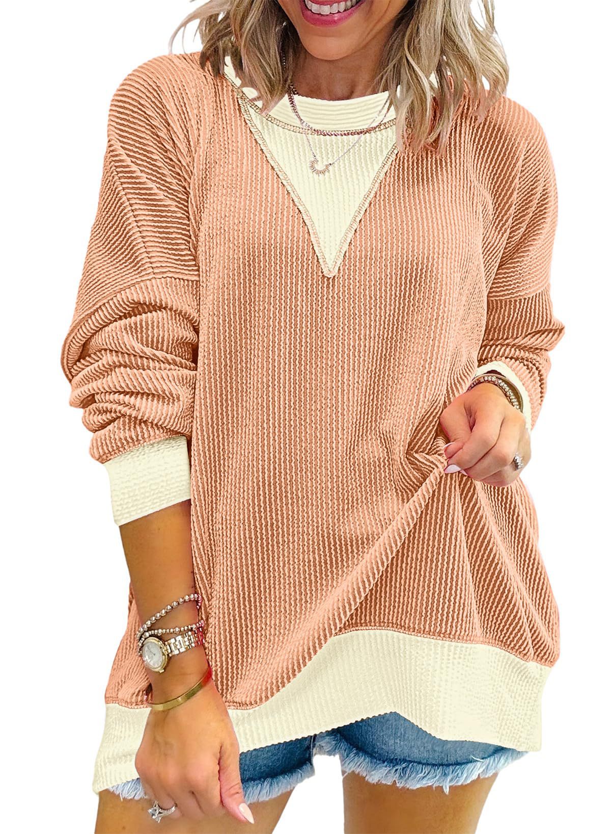 Colorblock Ribbed Sweatshirt Women Casual V Neck Pullover