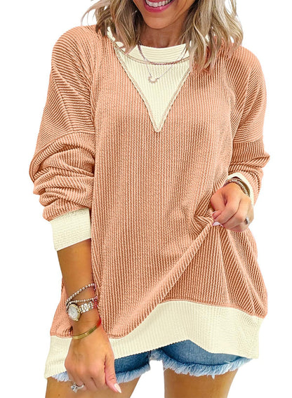 Colorblock Ribbed Sweatshirt Women Casual V Neck Pullover