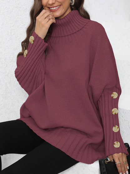 Button Turtleneck Lapel Loose Woven Shirt Top Women's Pullover Sweater