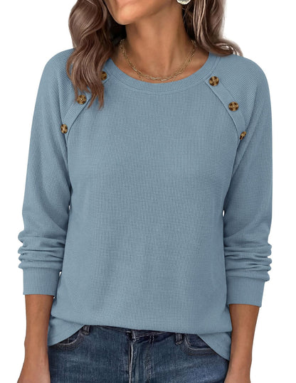 Waffle Knit Button Henley Top Crew Neck Long Sleeve Tee