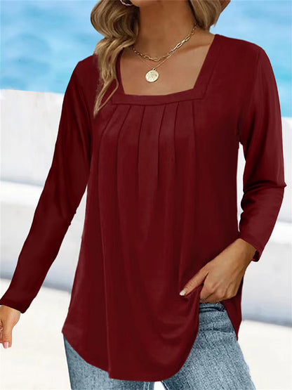 Women's Square Neck Pleated Long Sleeve Tunic Top