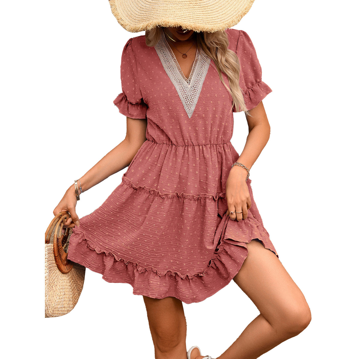 Women's Swiss Dot V Neck Puff Sleeve Tiered Mini Dress