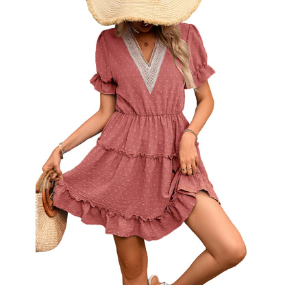Women's Swiss Dot V Neck Puff Sleeve Tiered Mini Dress