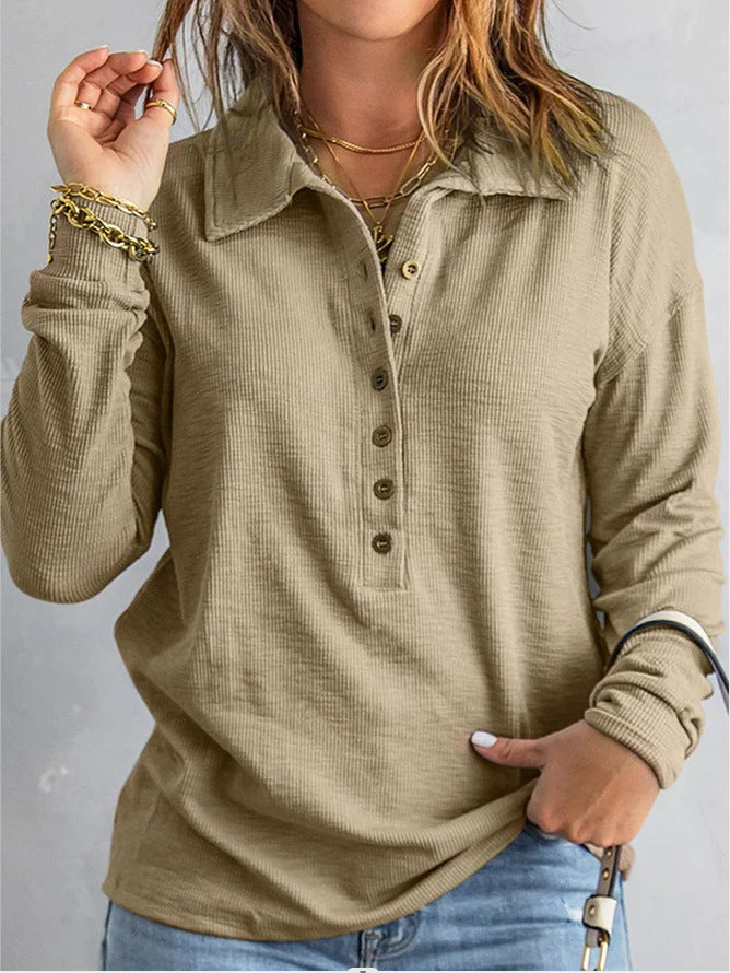 Oversized Ribbed Knit Collared Button Front Long Sleeve Top