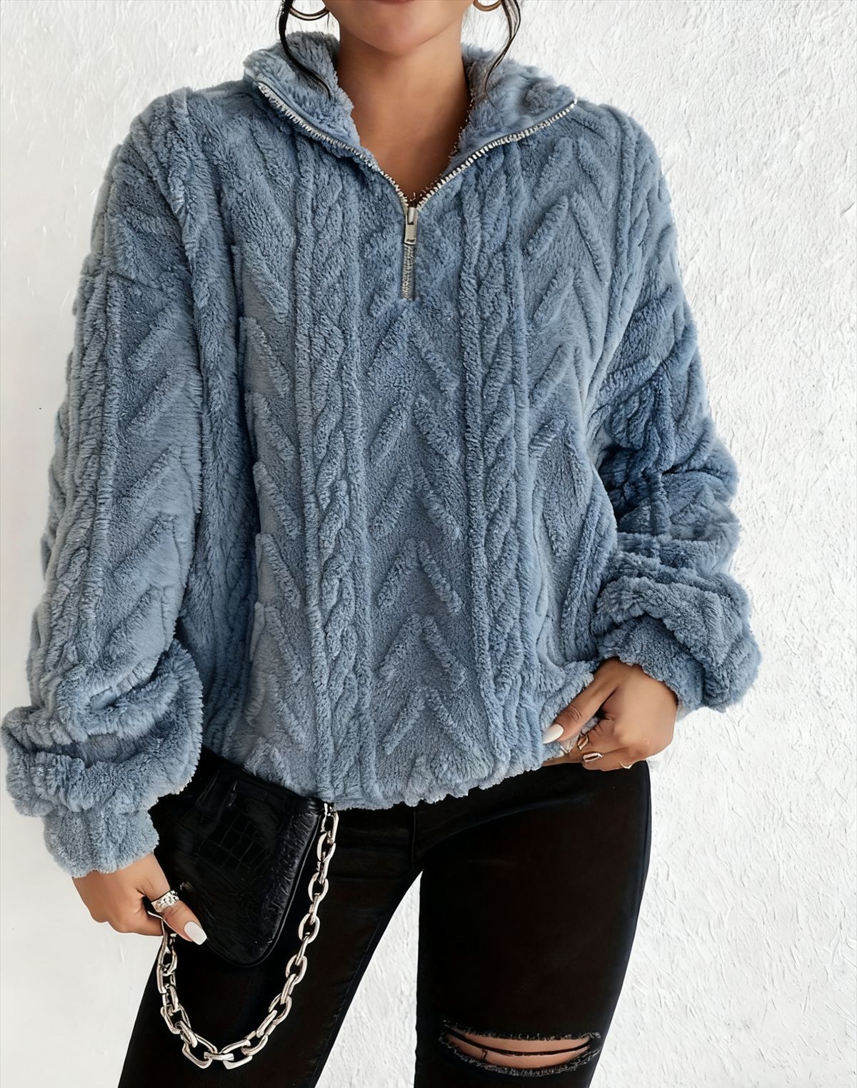 Women's Sherpa Jacquard Quarter Zip Pullover Sweatshirt