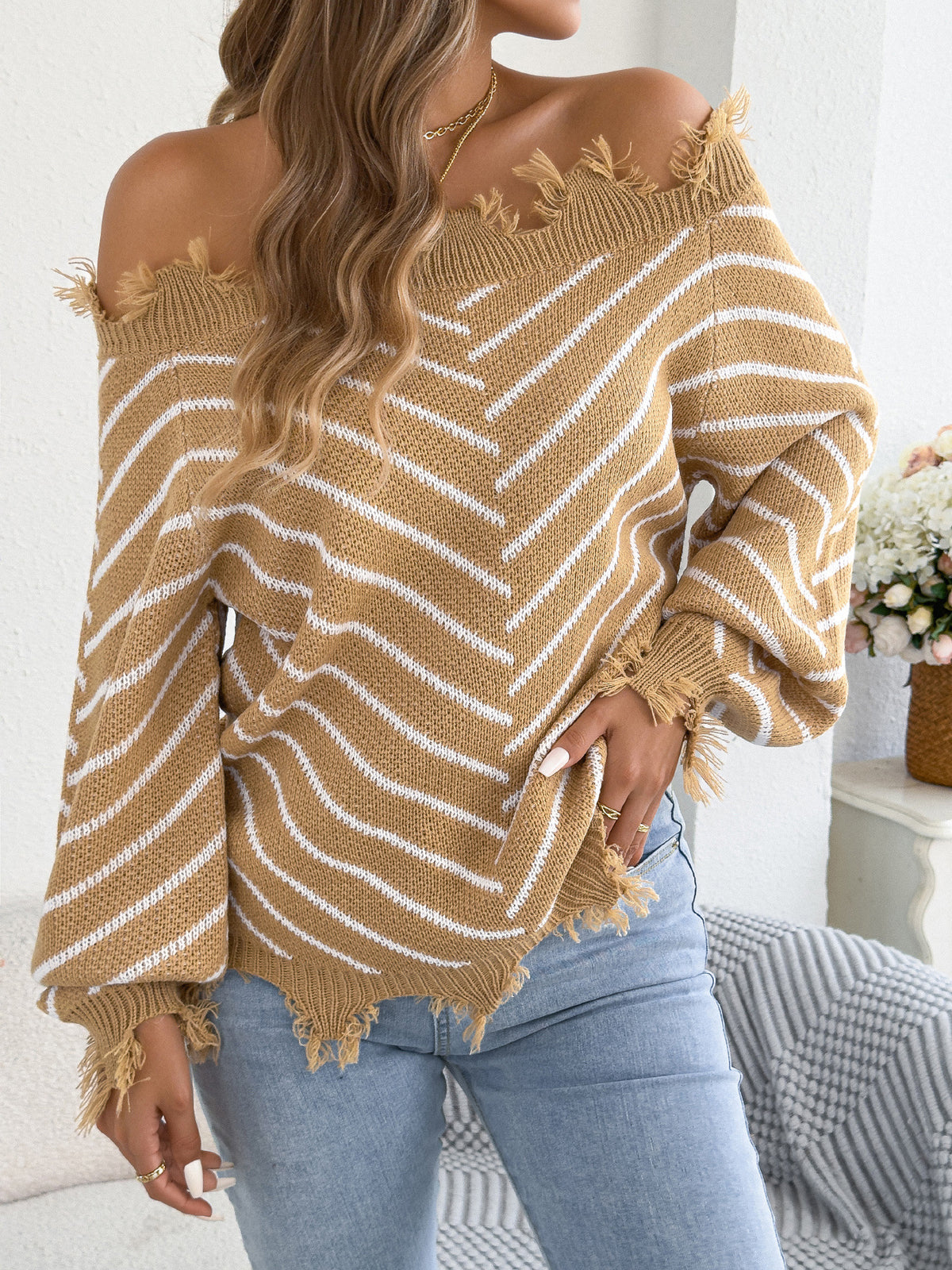 Off Shoulder Striped Fringe Sweater Balloon Sleeve Women