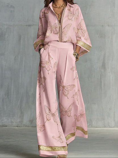 Boho Butterfly Print Two Piece Zip Up Top Wide Leg Pants