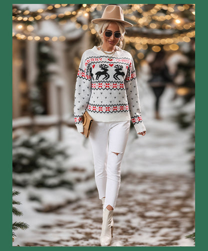 Knitted Long Sleeve Pullover Crew Neck Christmas Ladies Sweater