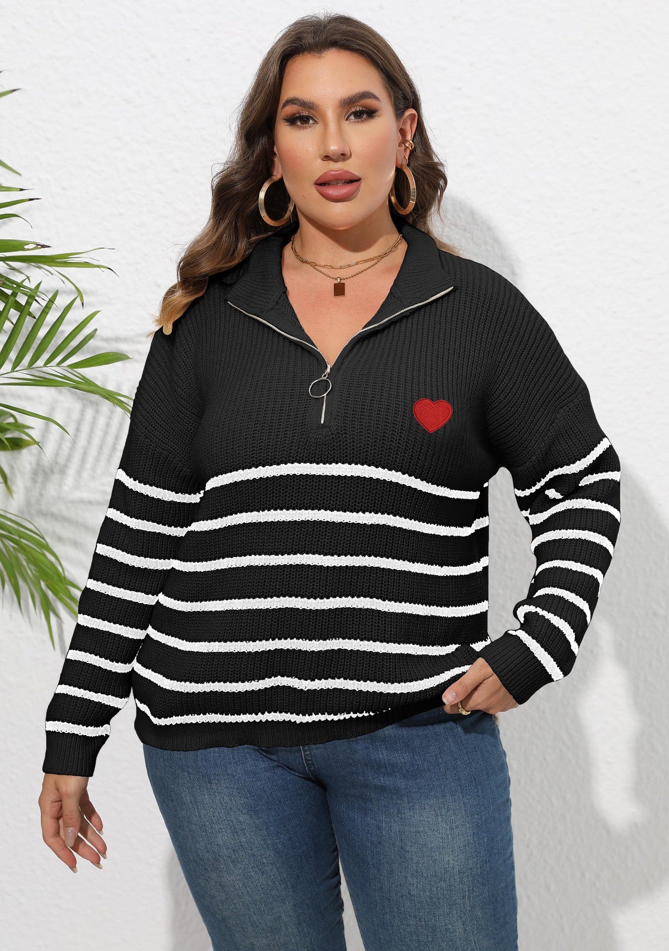 Women's Striped Splicing Love Zipper Pullover Sweater